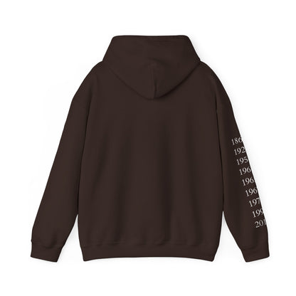 Anniversary Years Hoodie — Minimal Retro Logo Pullover with Sleeve Milestone Dates