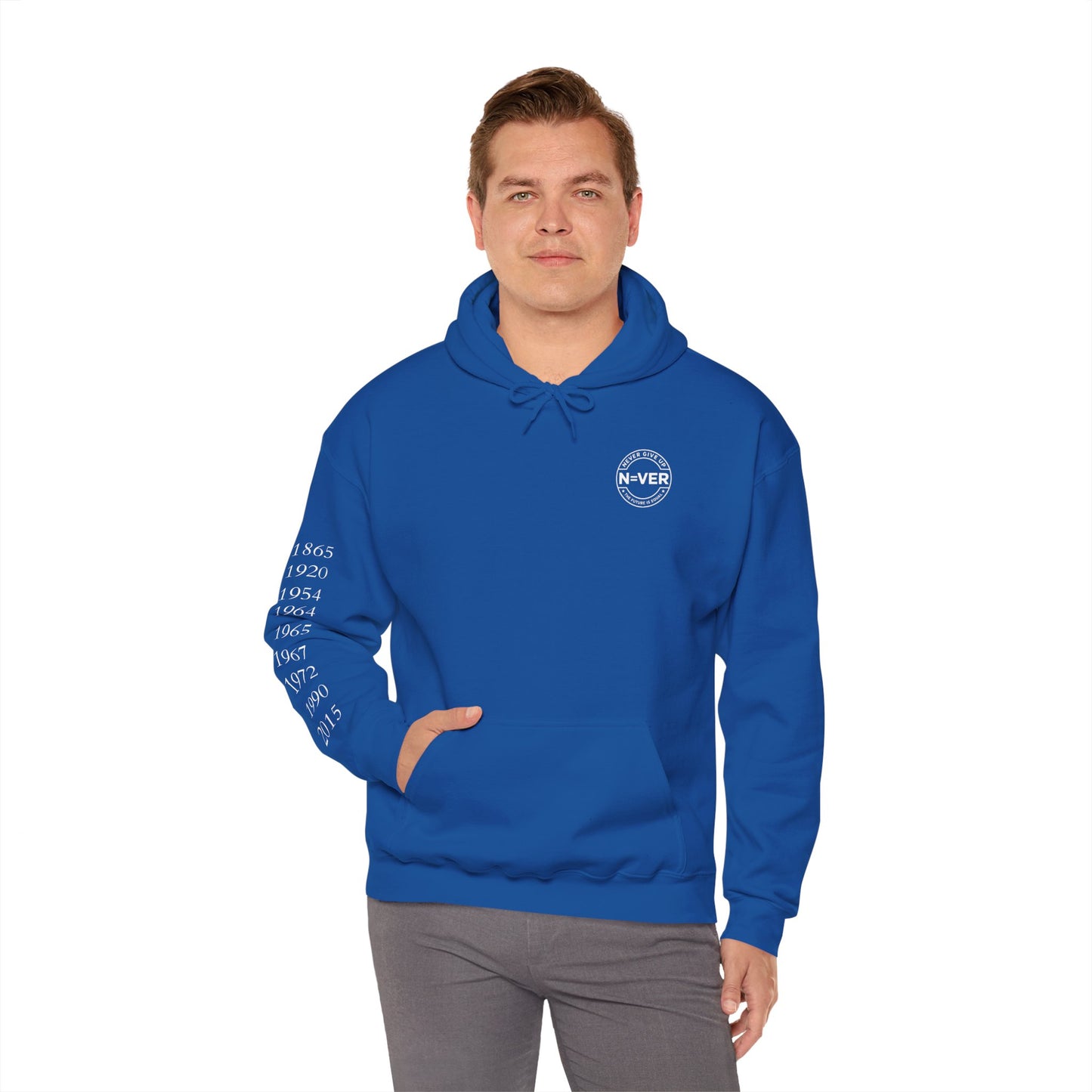 Anniversary Years Hoodie — Minimal Retro Logo Pullover with Sleeve Milestone Dates
