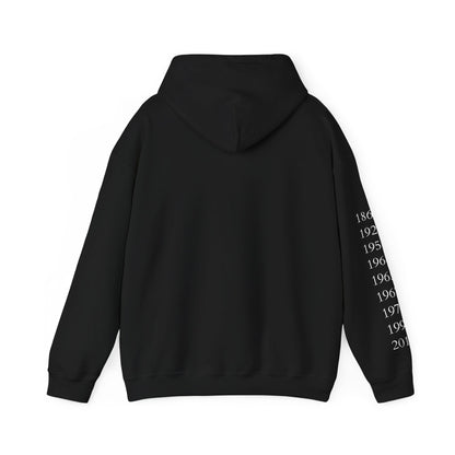Anniversary Years Hoodie — Minimal Retro Logo Pullover with Sleeve Milestone Dates