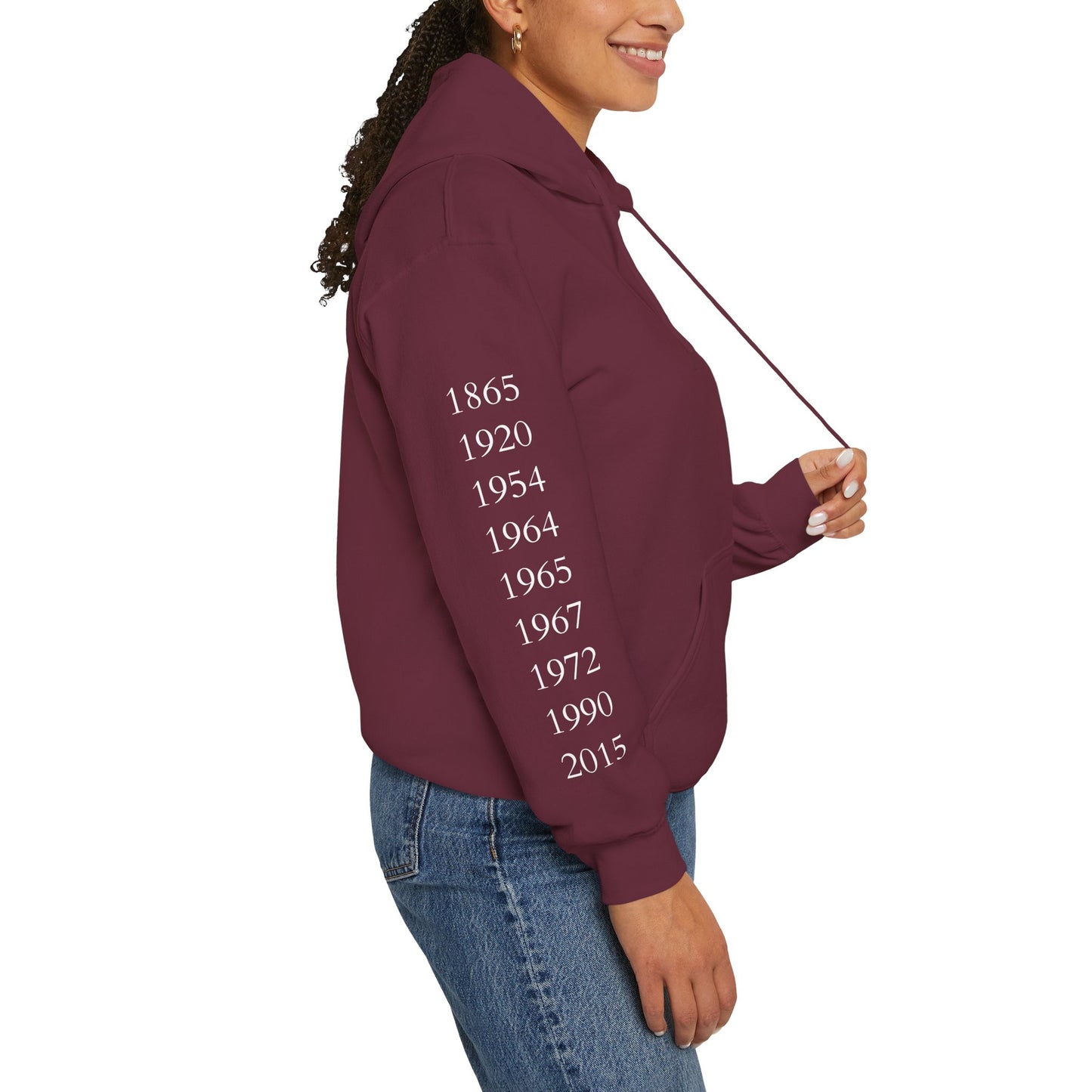 Anniversary Years Hoodie — Minimal Retro Logo Pullover with Sleeve Milestone Dates
