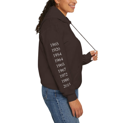 Anniversary Years Hoodie — Minimal Retro Logo Pullover with Sleeve Milestone Dates