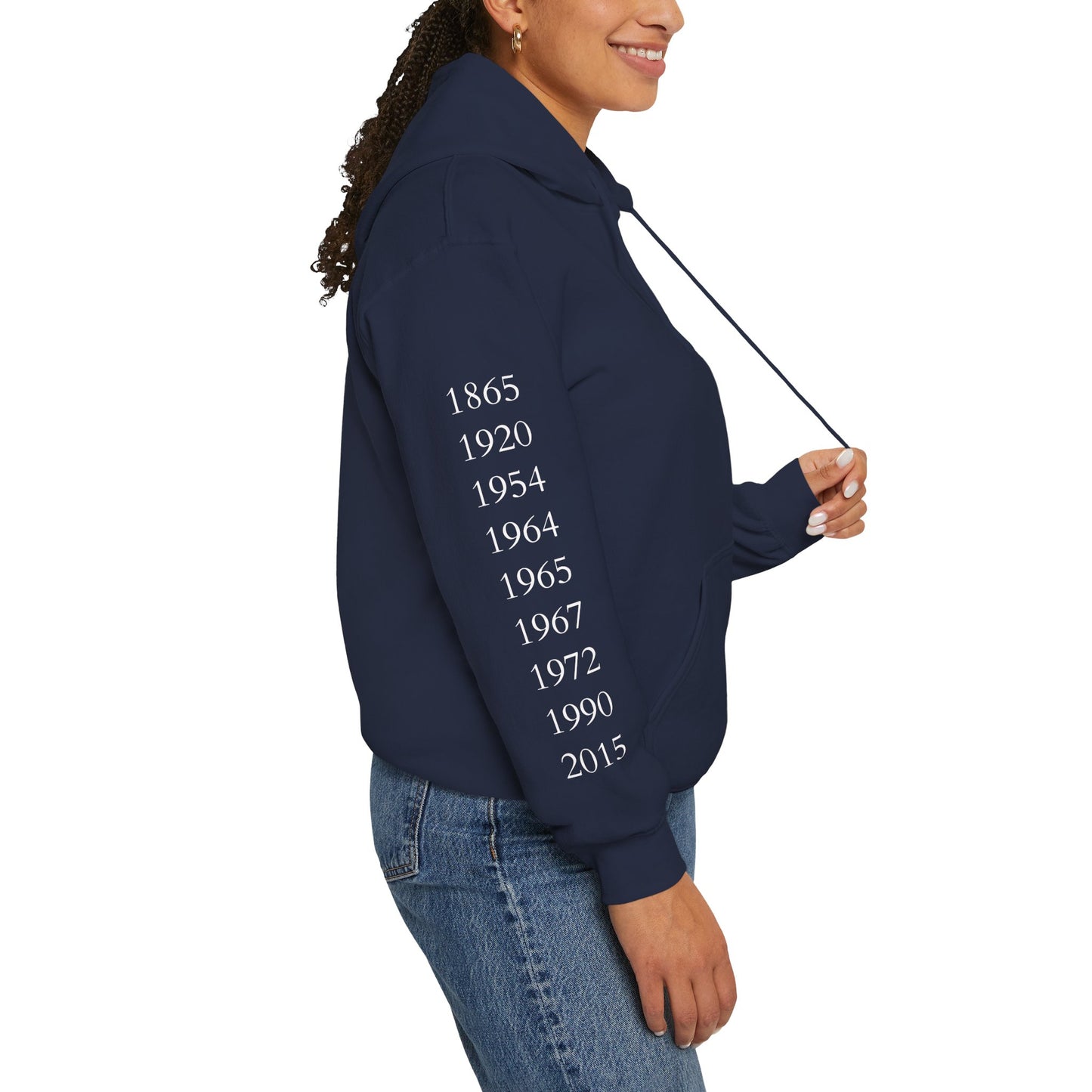 Anniversary Years Hoodie — Minimal Retro Logo Pullover with Sleeve Milestone Dates