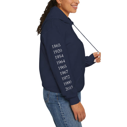 Anniversary Years Hoodie — Minimal Retro Logo Pullover with Sleeve Milestone Dates