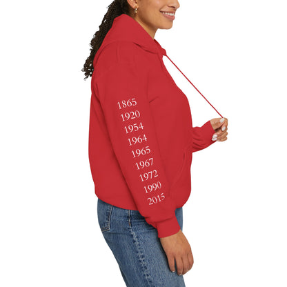 Anniversary Years Hoodie — Minimal Retro Logo Pullover with Sleeve Milestone Dates