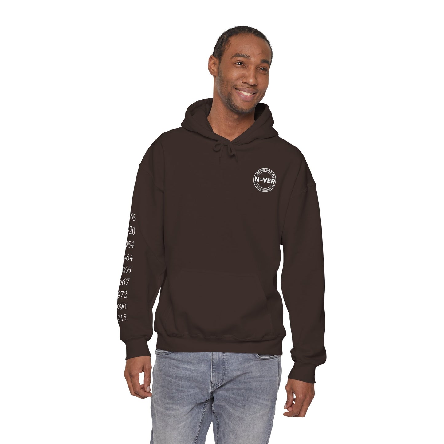 Anniversary Years Hoodie — Minimal Retro Logo Pullover with Sleeve Milestone Dates