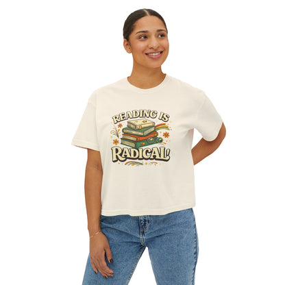 Reading Is Radical Women’s Boxy Tee — Vintage Bookshelf Graphic