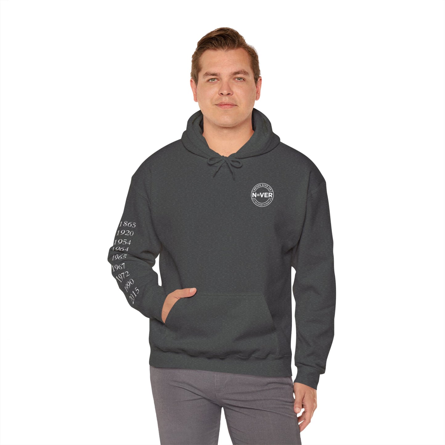 Anniversary Years Hoodie — Minimal Retro Logo Pullover with Sleeve Milestone Dates