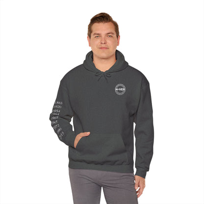 Anniversary Years Hoodie — Minimal Retro Logo Pullover with Sleeve Milestone Dates