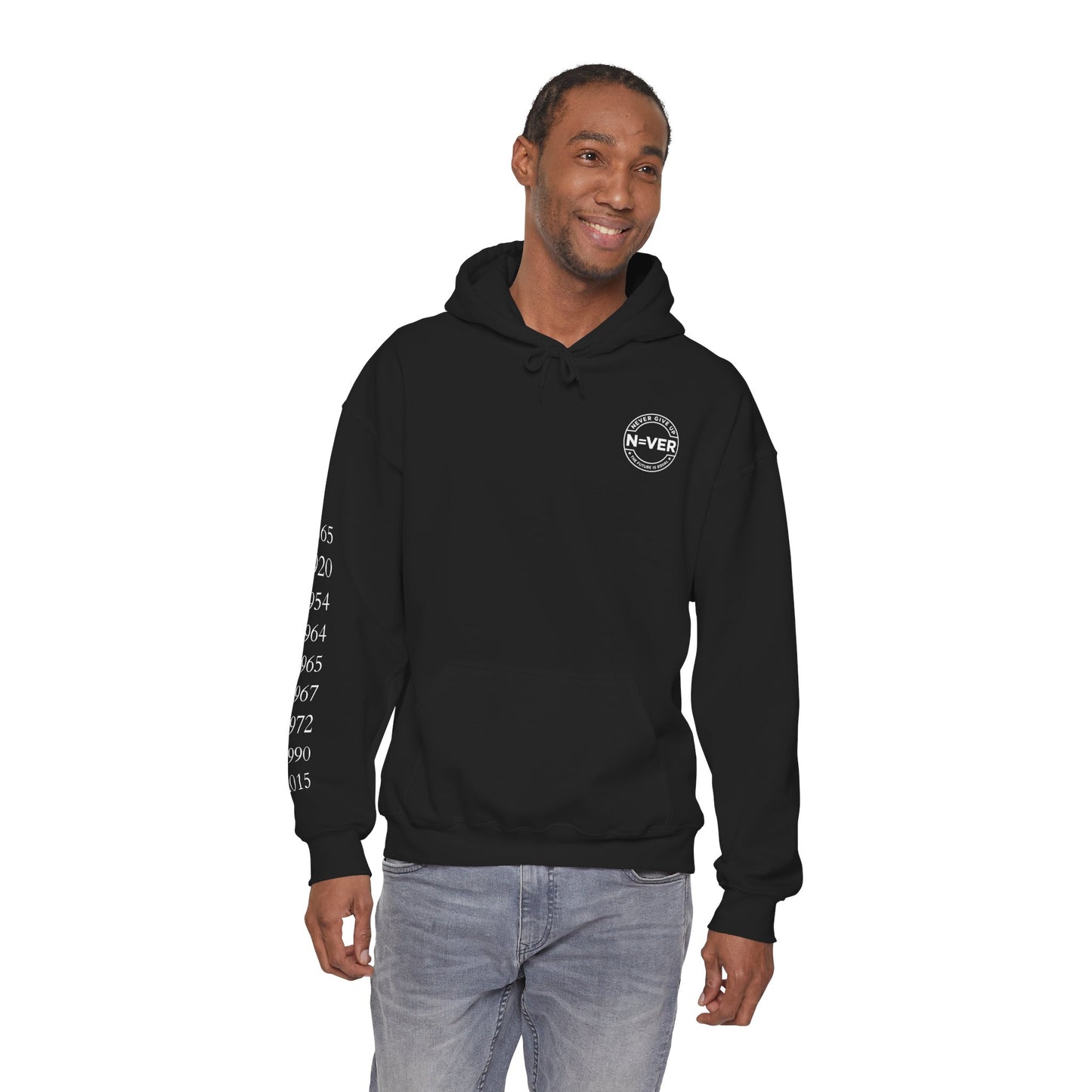 Anniversary Years Hoodie — Minimal Retro Logo Pullover with Sleeve Milestone Dates