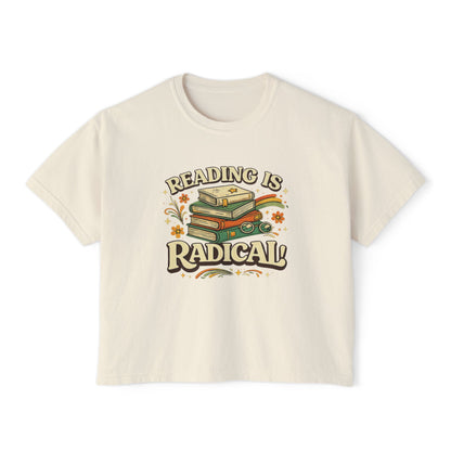 Reading Is Radical Women’s Boxy Tee — Vintage Bookshelf Graphic