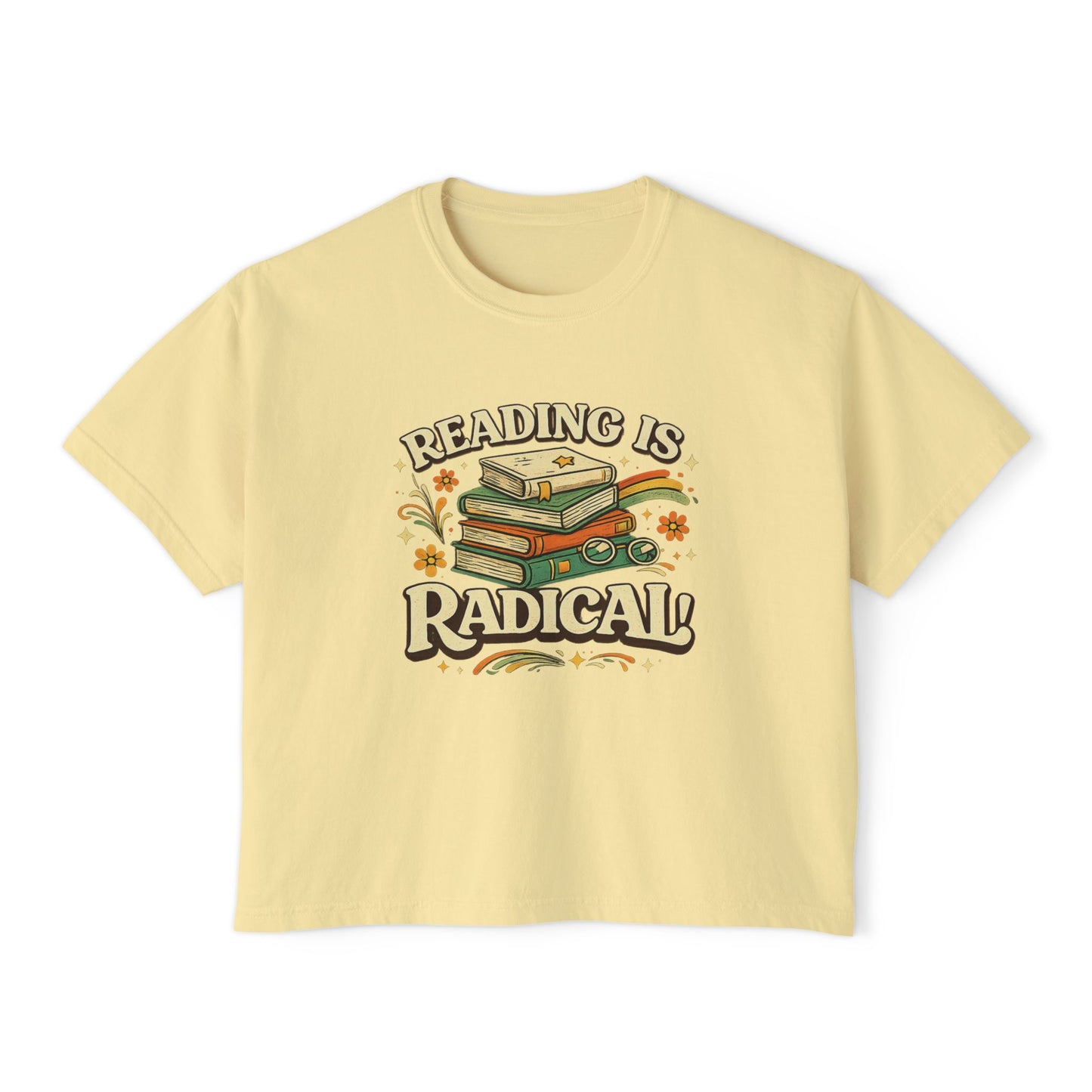 Reading Is Radical Women’s Boxy Tee — Vintage Bookshelf Graphic