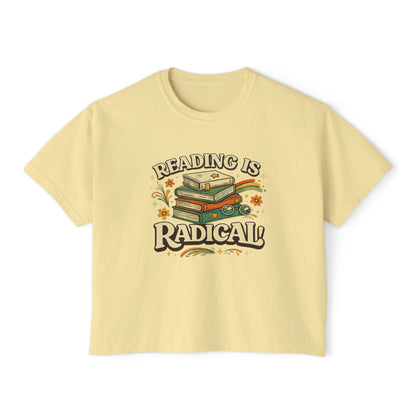 Reading Is Radical Women’s Boxy Tee — Vintage Bookshelf Graphic