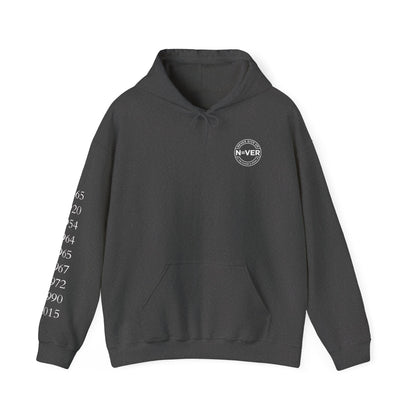Anniversary Years Hoodie — Minimal Retro Logo Pullover with Sleeve Milestone Dates