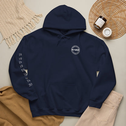 Anniversary Years Hoodie — Minimal Retro Logo Pullover with Sleeve Milestone Dates