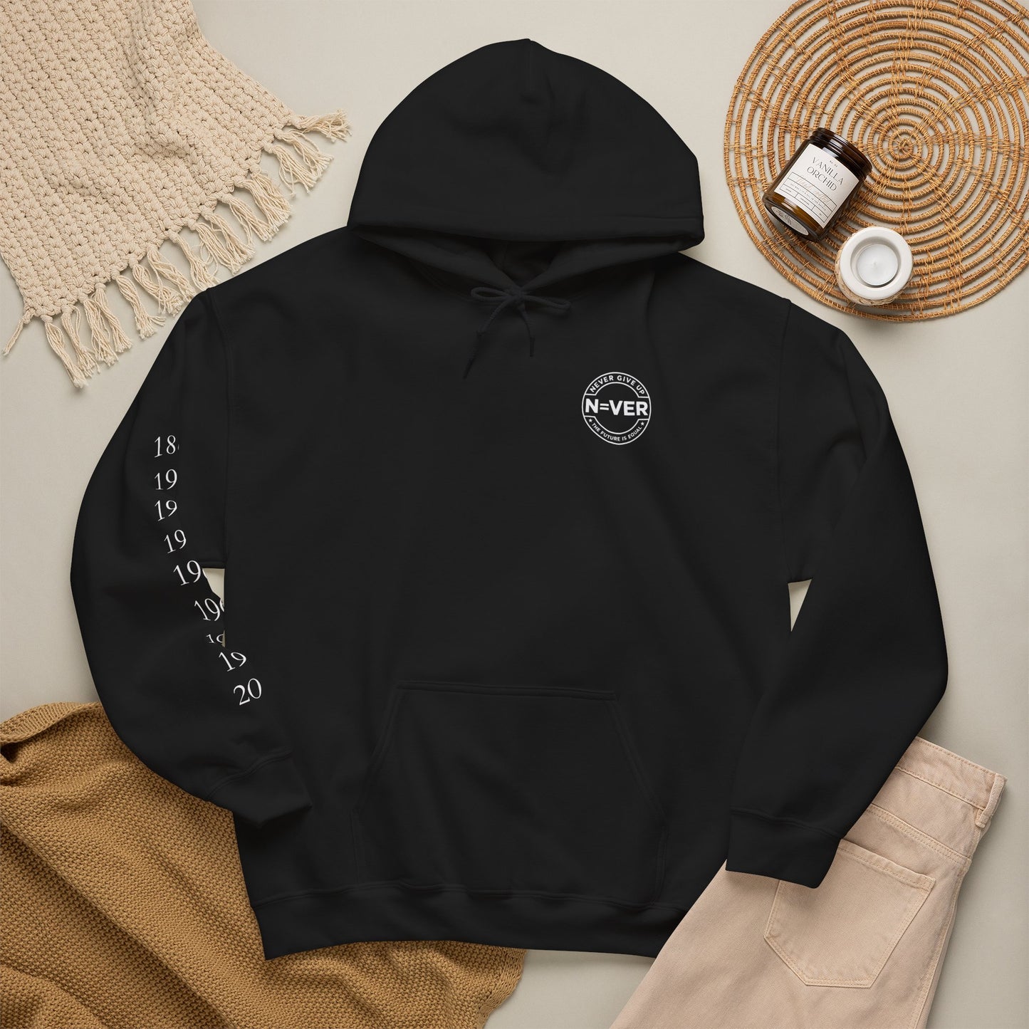 Anniversary Years Hoodie — Minimal Retro Logo Pullover with Sleeve Milestone Dates