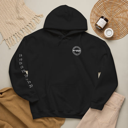 Anniversary Years Hoodie — Minimal Retro Logo Pullover with Sleeve Milestone Dates