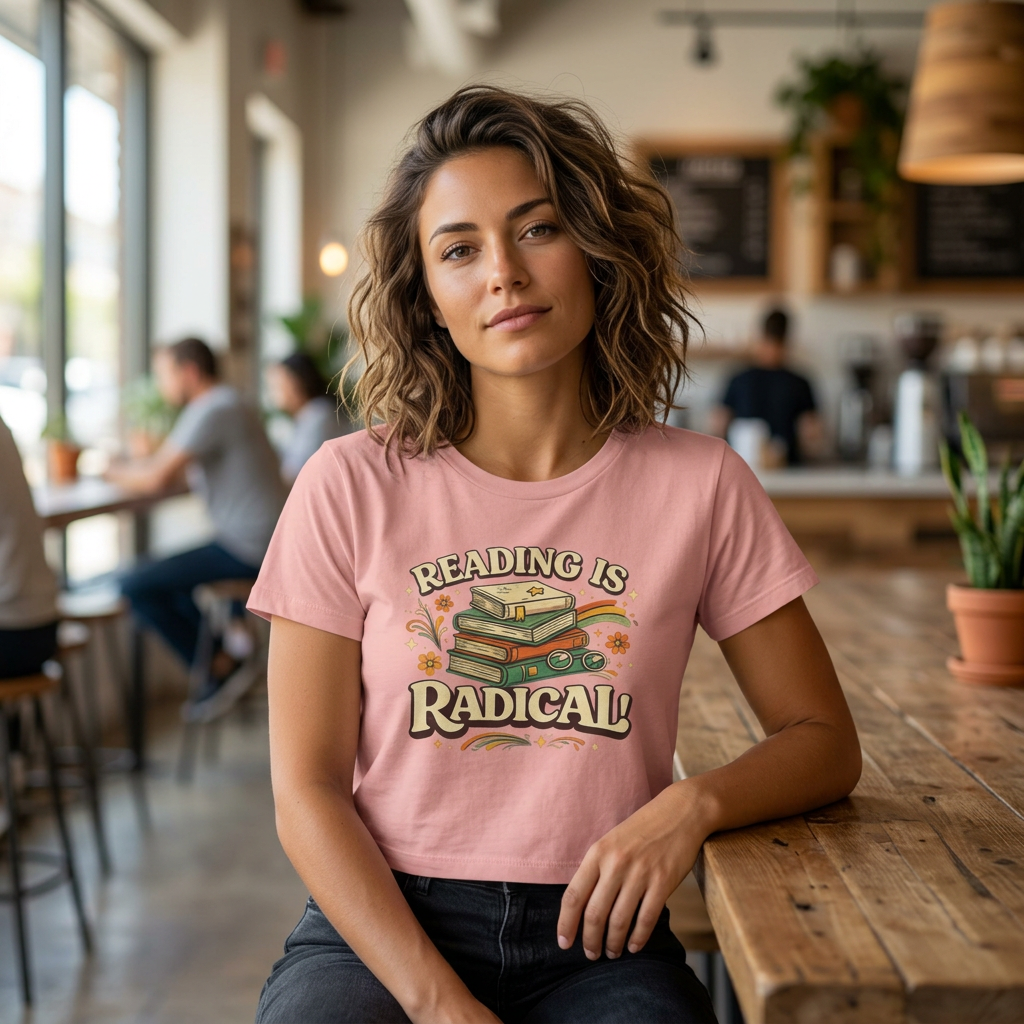 Reading Is Radical Women’s Boxy Tee — Vintage Bookshelf Graphic