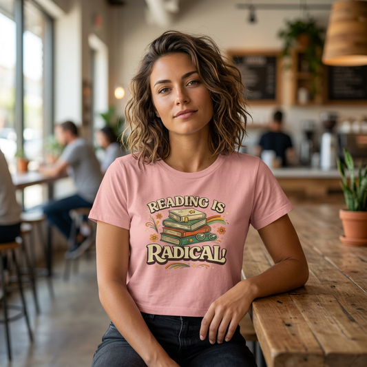Reading Is Radical Women’s Boxy Tee — Vintage Bookshelf Graphic