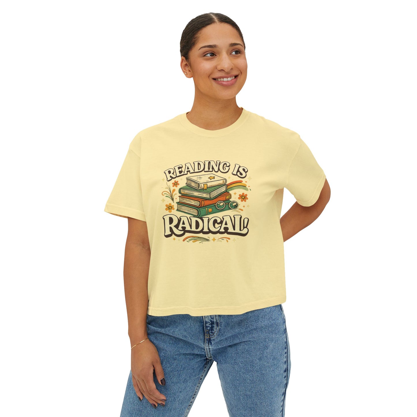 Reading Is Radical Women’s Boxy Tee — Vintage Bookshelf Graphic