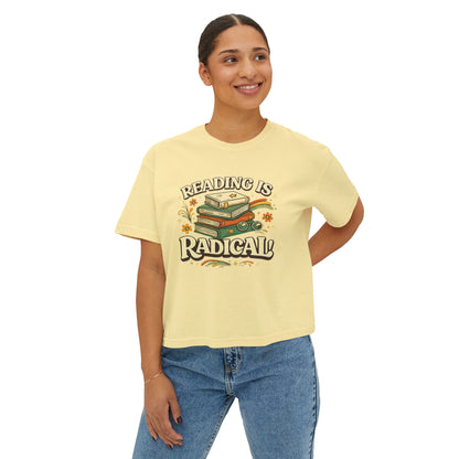 Reading Is Radical Women’s Boxy Tee — Vintage Bookshelf Graphic