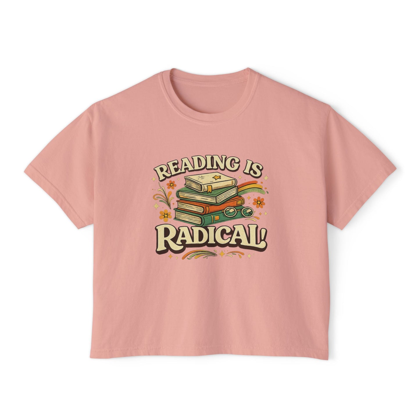 Reading Is Radical Women’s Boxy Tee — Vintage Bookshelf Graphic
