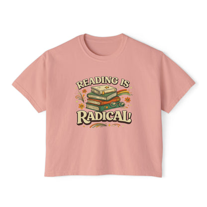 Reading Is Radical Women’s Boxy Tee — Vintage Bookshelf Graphic