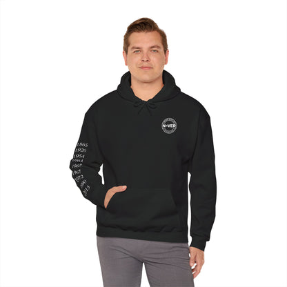 Anniversary Years Hoodie — Minimal Retro Logo Pullover with Sleeve Milestone Dates