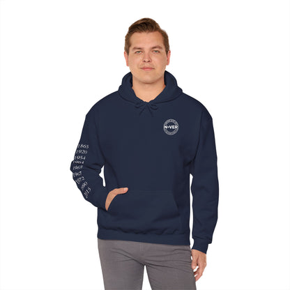 Anniversary Years Hoodie — Minimal Retro Logo Pullover with Sleeve Milestone Dates