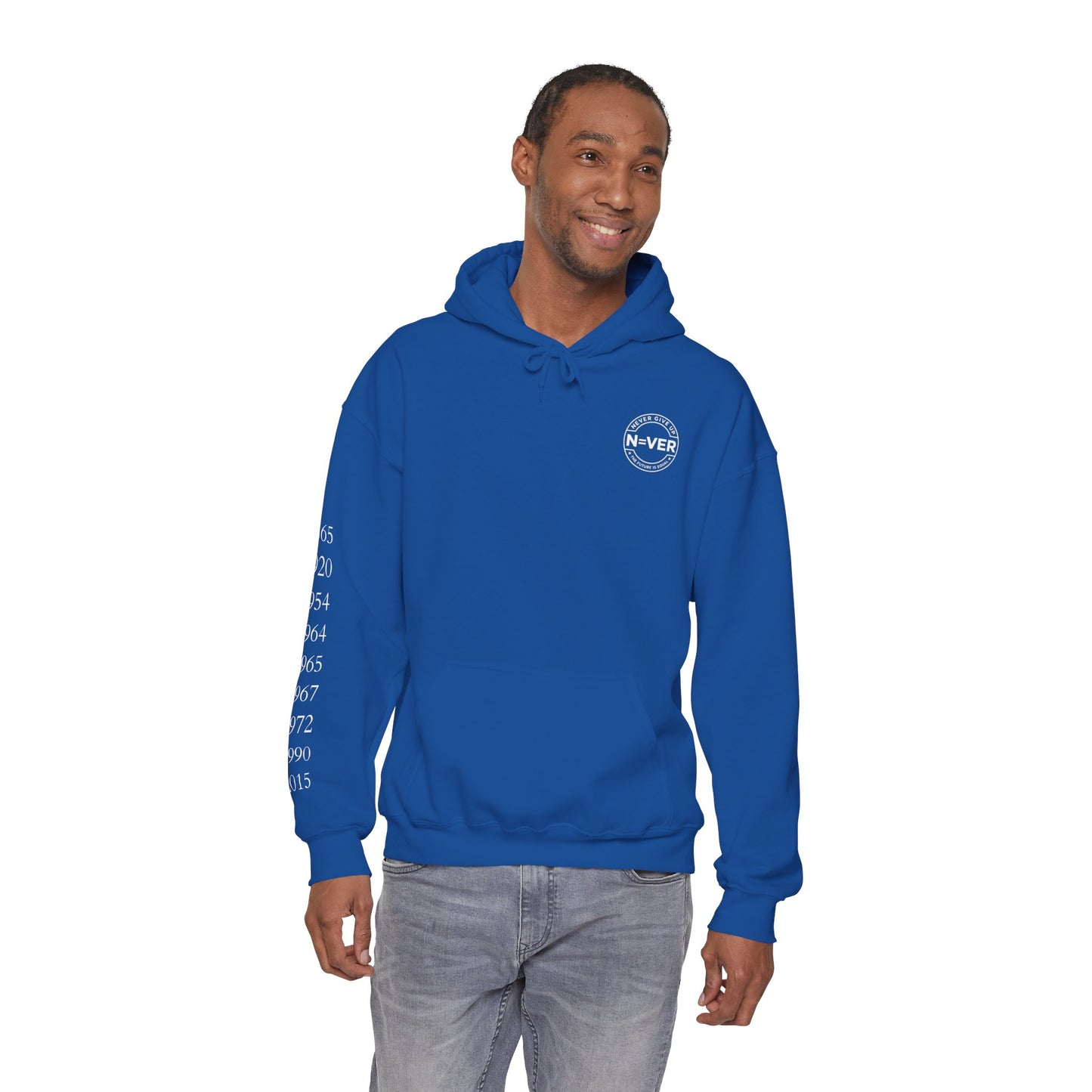 Anniversary Years Hoodie — Minimal Retro Logo Pullover with Sleeve Milestone Dates