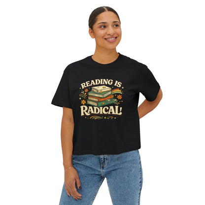 Reading Is Radical Women’s Boxy Tee — Vintage Bookshelf Graphic