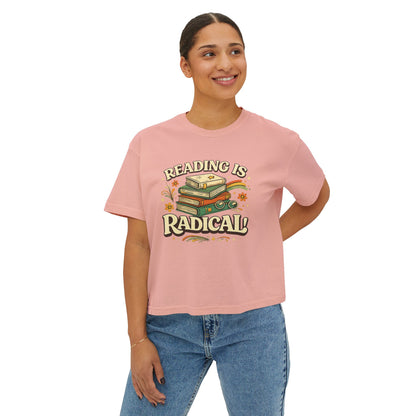Reading Is Radical Women’s Boxy Tee — Vintage Bookshelf Graphic