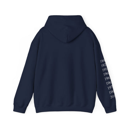 Anniversary Years Hoodie — Minimal Retro Logo Pullover with Sleeve Milestone Dates