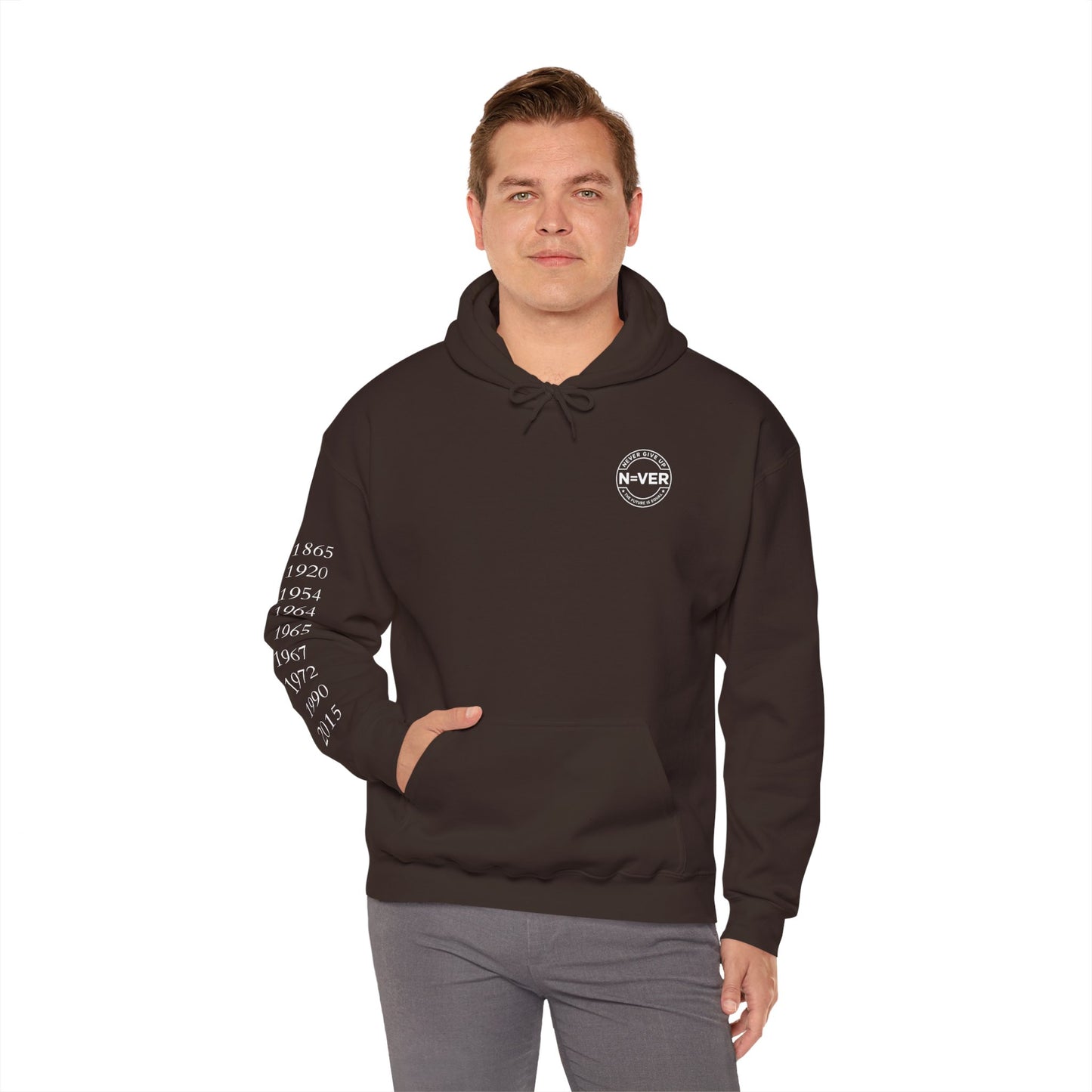 Anniversary Years Hoodie — Minimal Retro Logo Pullover with Sleeve Milestone Dates