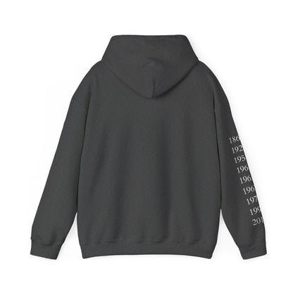 Anniversary Years Hoodie — Minimal Retro Logo Pullover with Sleeve Milestone Dates