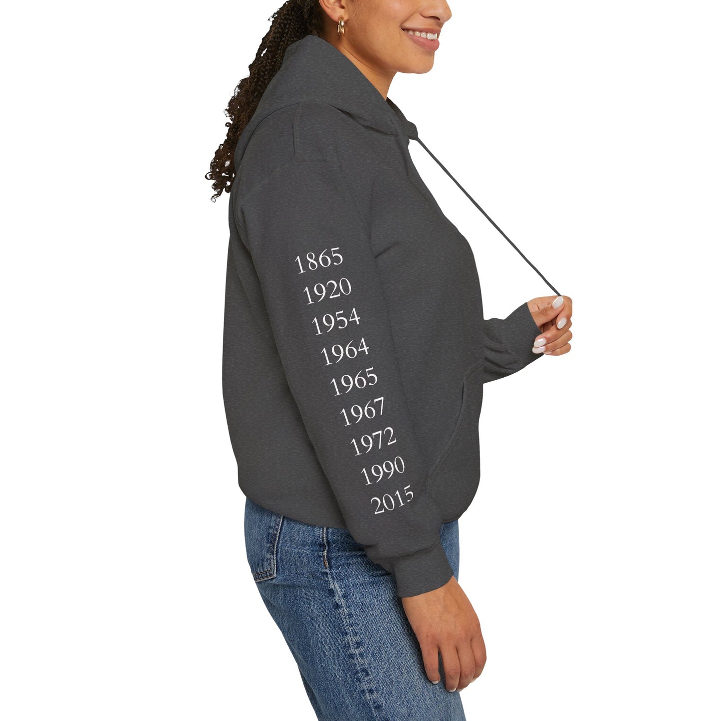 Anniversary Years Hoodie — Minimal Retro Logo Pullover with Sleeve Milestone Dates
