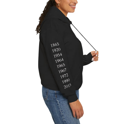 Anniversary Years Hoodie — Minimal Retro Logo Pullover with Sleeve Milestone Dates