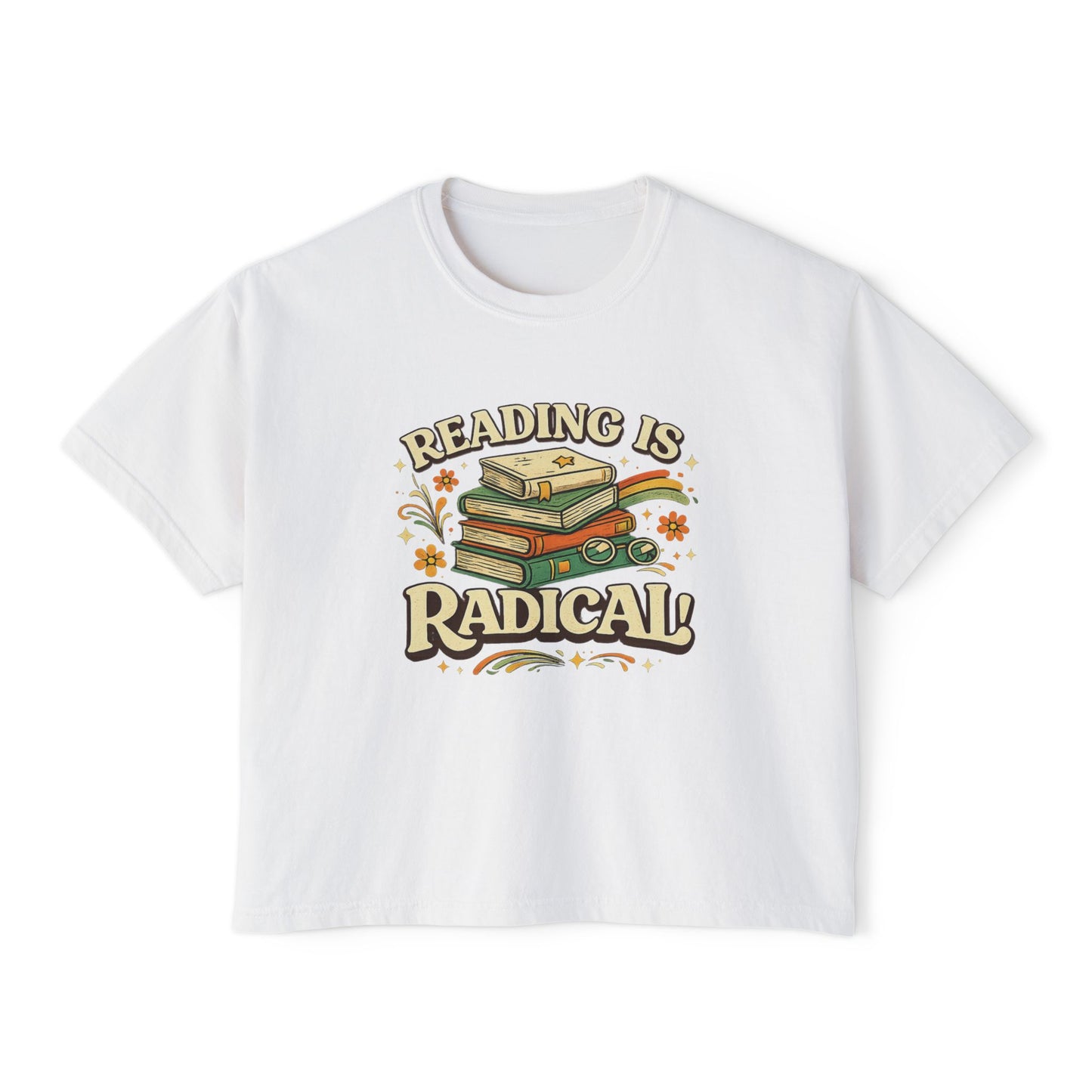 Reading Is Radical Women’s Boxy Tee — Vintage Bookshelf Graphic