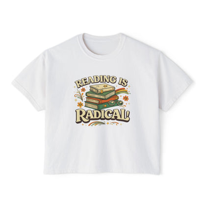 Reading Is Radical Women’s Boxy Tee — Vintage Bookshelf Graphic