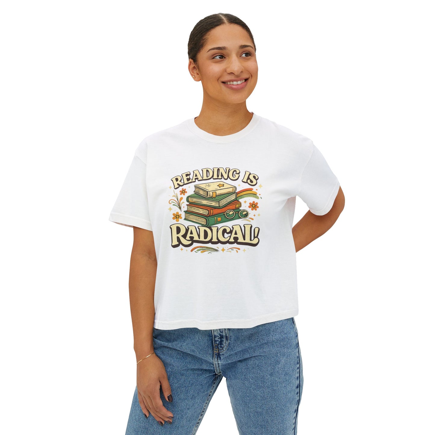 Reading Is Radical Women’s Boxy Tee — Vintage Bookshelf Graphic