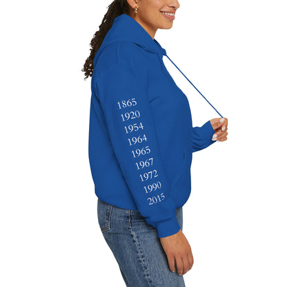 Anniversary Years Hoodie — Minimal Retro Logo Pullover with Sleeve Milestone Dates