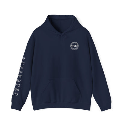 Anniversary Years Hoodie — Minimal Retro Logo Pullover with Sleeve Milestone Dates