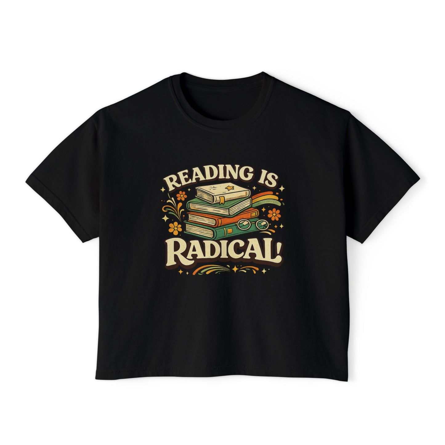 Reading Is Radical Women’s Boxy Tee — Vintage Bookshelf Graphic