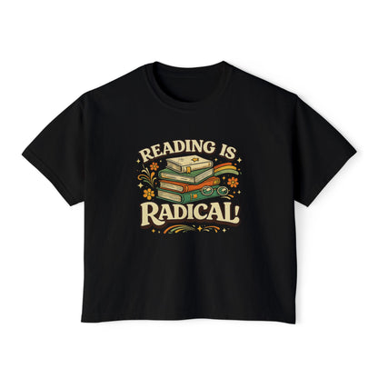 Reading Is Radical Women’s Boxy Tee — Vintage Bookshelf Graphic